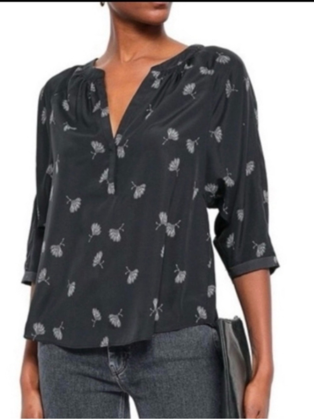 Joie Black Floral V-Neck Peasant Blouse